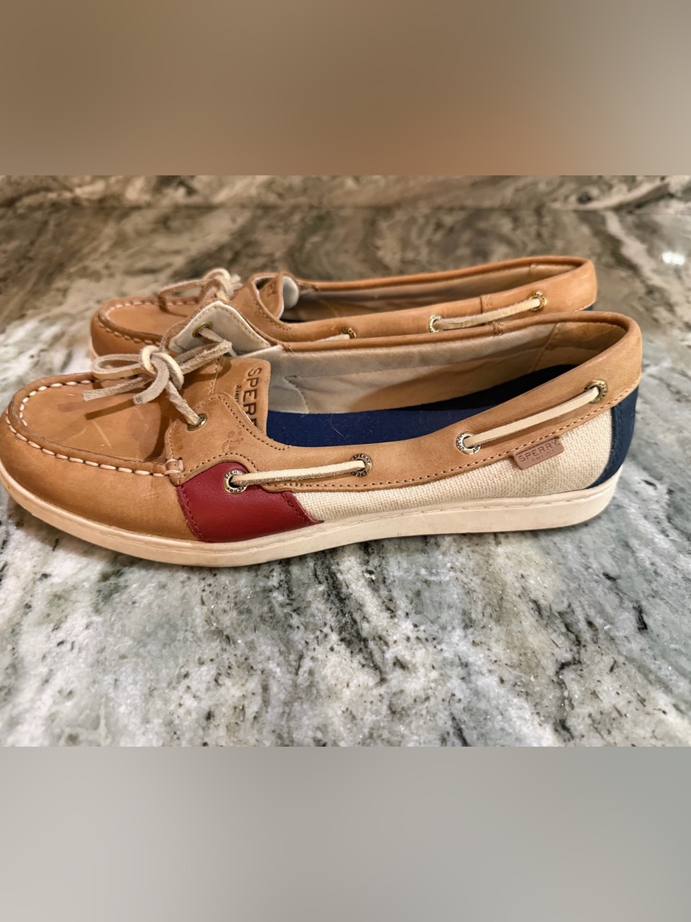 Sperry Tan Leather & Navy Canvas Boat Shoes with Red Accent